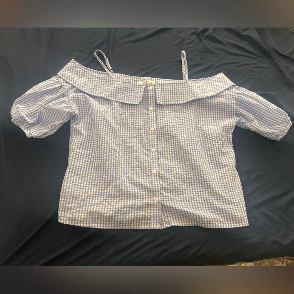 Castro Womens Top Blue Gingham Off Shoulder Puff Sleeve Cottagecore Milkmaid Y2K